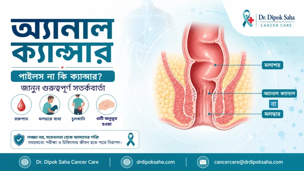 অ্যানাল ক্যান্সার সম্পর্কে বাংলা সচেতনতামূলক পোস্টার যেখানে anal canal anatomy, rectal bleeding, anal pain এবং গুরুত্বপূর্ণ লক্ষণ দেখানো হয়েছে
