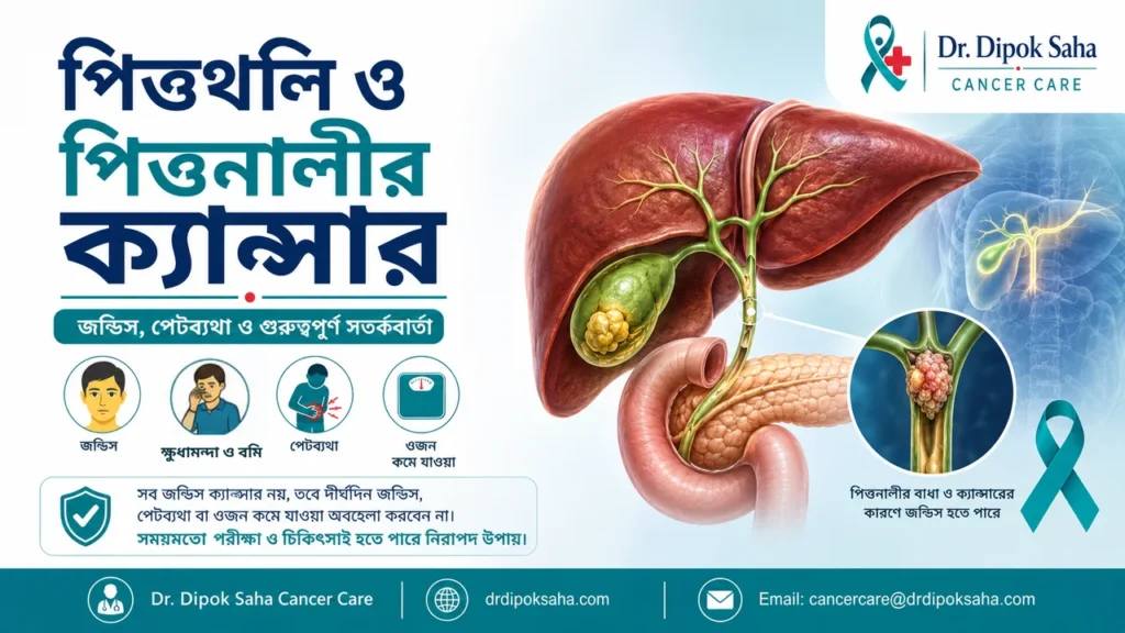 পিত্তথলি ও পিত্তনালীর ক্যান্সার বিষয়ে বাংলা মেডিকেল সচেতনতামূলক পোস্টার যেখানে liver, gall bladder, bile duct anatomy এবং jaundice-এর লক্ষণ দেখানো হয়েছে