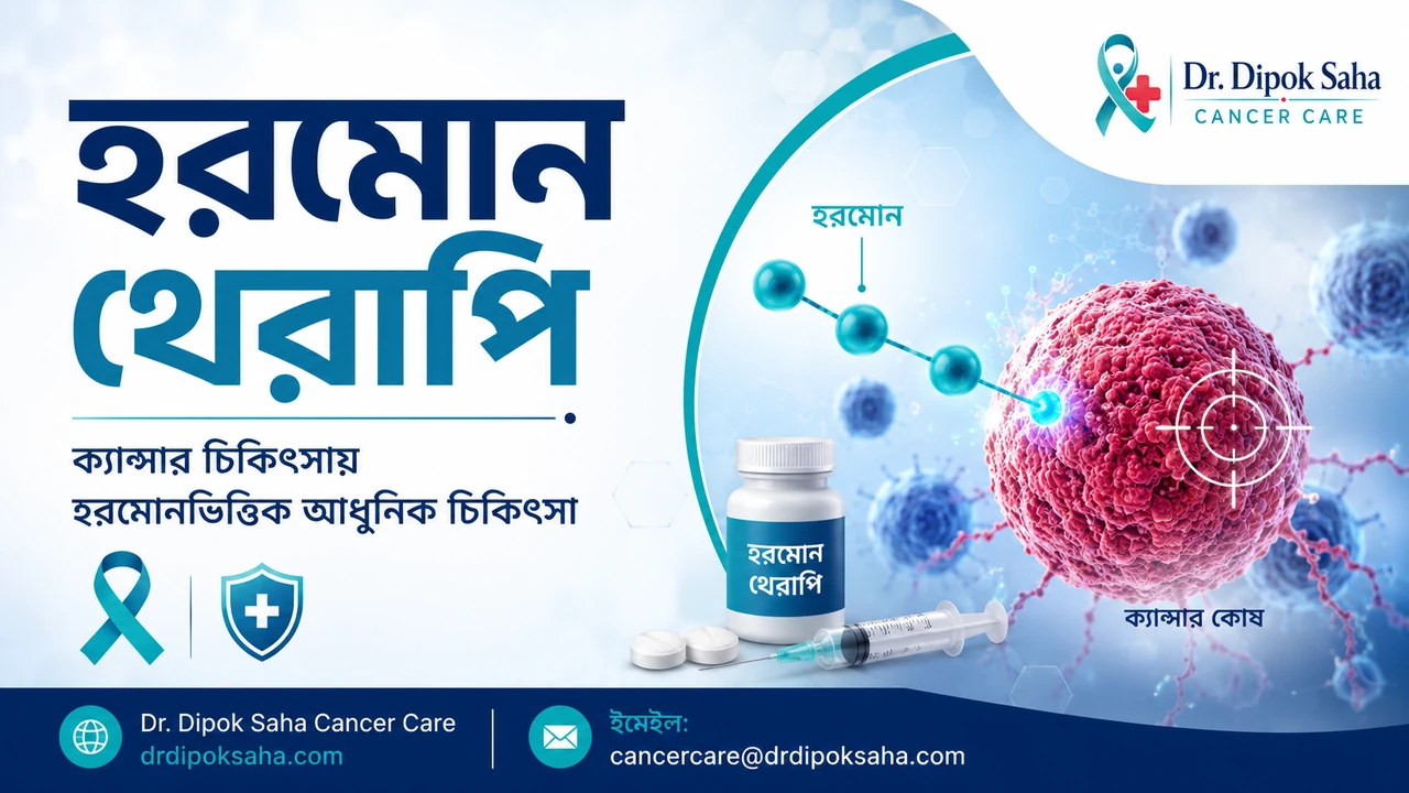 হরমোন থেরাপি নিয়ে বাংলা মেডিকেল awareness poster যেখানে hormone therapy ও cancer cell illustration দেখানো হয়েছে