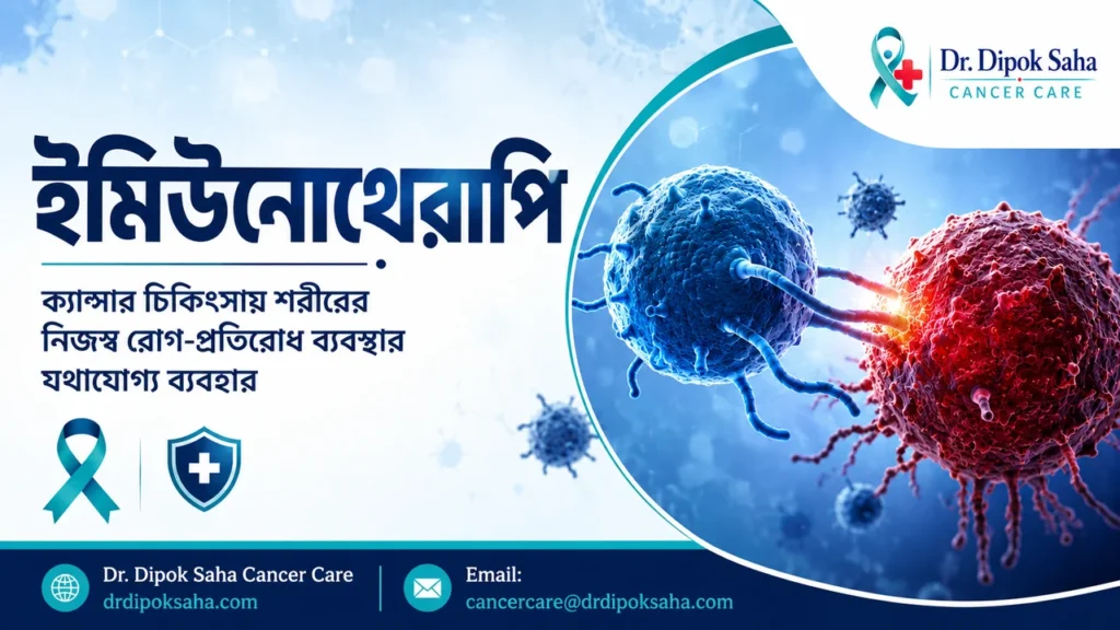 ইমিউনোথেরাপি নিয়ে বাংলা মেডিকেল ইনফোগ্রাফিক যেখানে immune cell ক্যান্সার কোষ আক্রমণ করছে