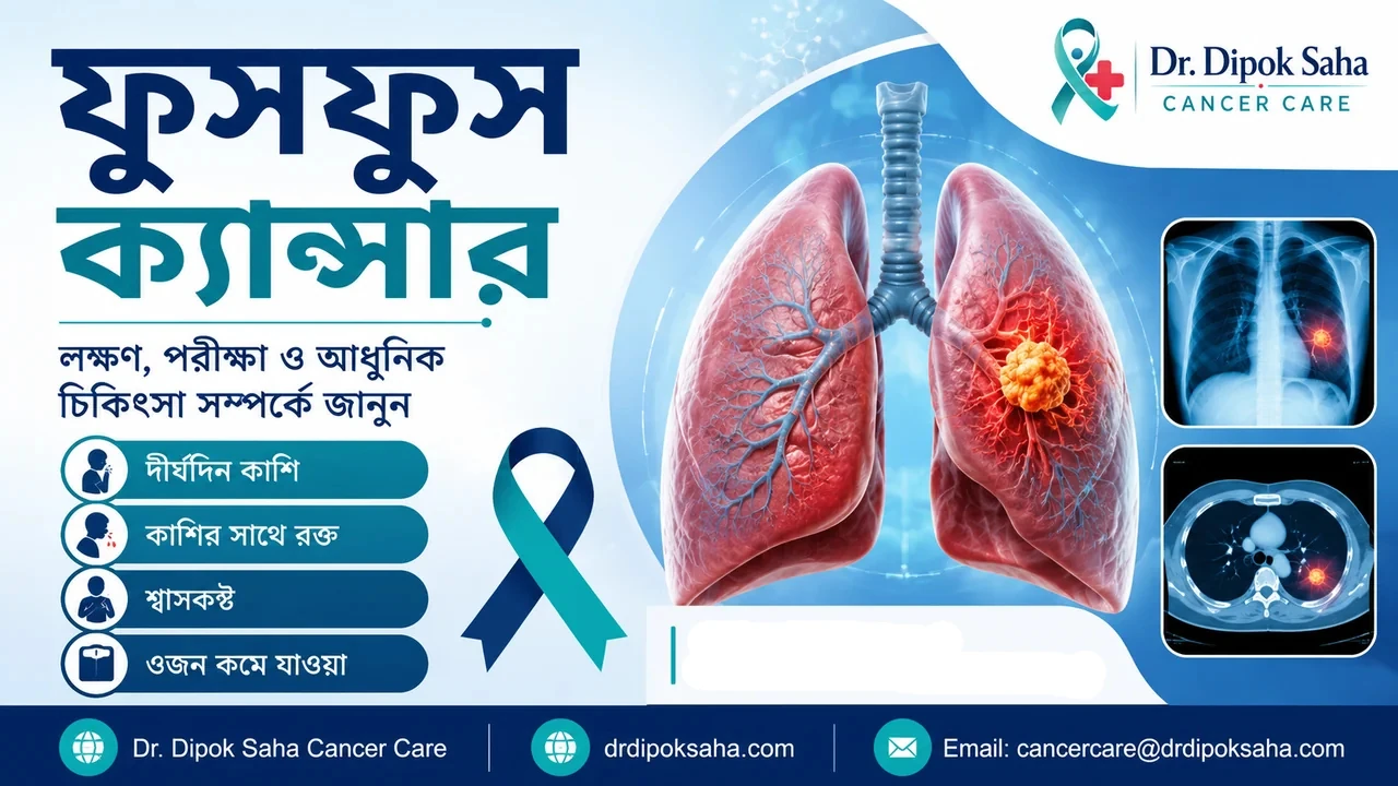 ফুসফুস ক্যান্সার নিয়ে বাংলা মেডিকেল awareness poster যেখানে realistic lung illustration দেখানো হয়েছে