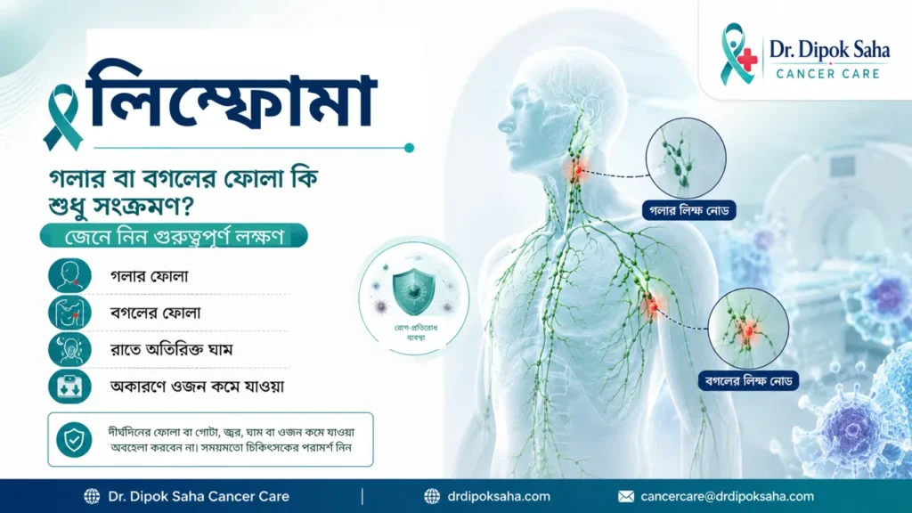 লিম্ফোমা সচেতনতামূলক পোস্টার যেখানে গলার ফোলা, বগলের ফোলা, রাতের ঘাম ও ওজন কমে যাওয়ার লক্ষণ দেখানো হয়েছে